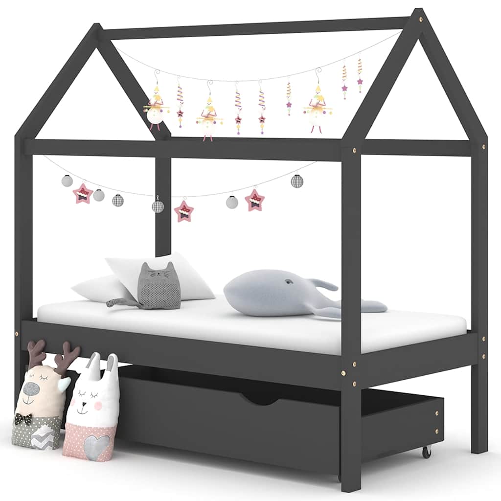 Kids Dark Grey Solid Pine Wood Bed Frame with Drawer 70x140cm