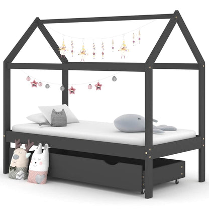 Dark Grey Kids Bed Frame with Drawer, Solid Pine Wood, 80x160cm