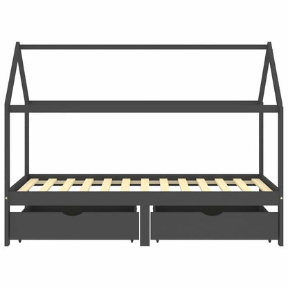 Kids Dark Grey Pine Wood Bed Frame with Drawers 90x200cm