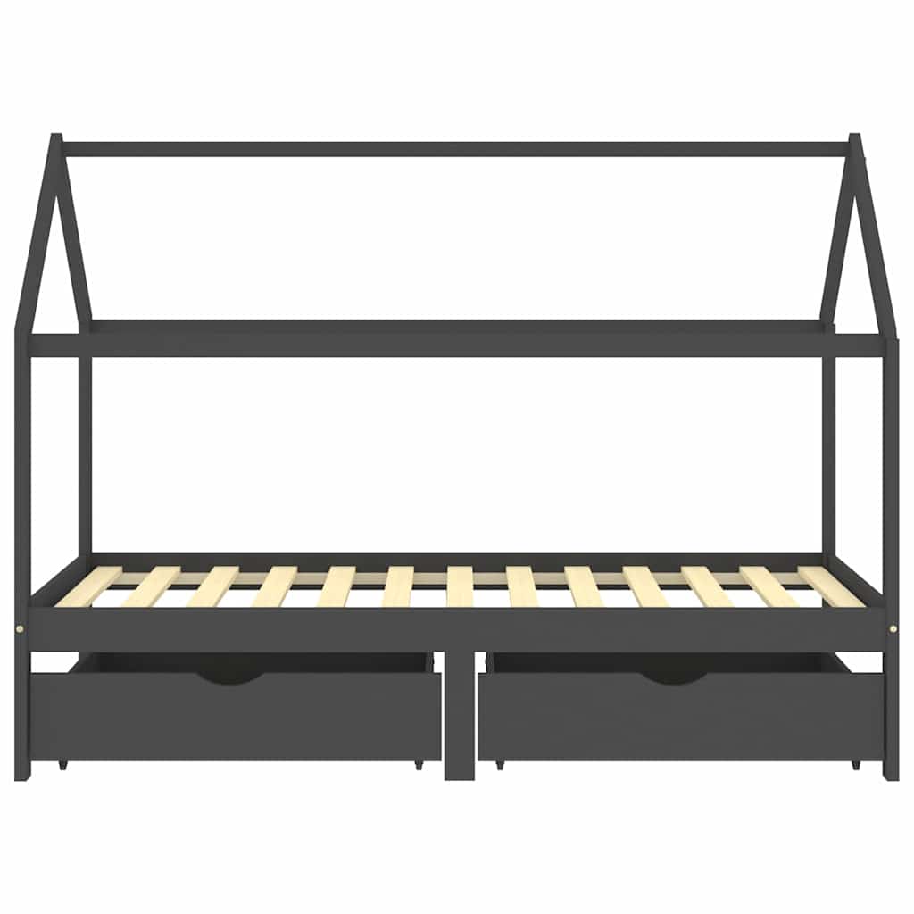 Kids Dark Grey Pine Wood Bed Frame with Drawers 90x200cm