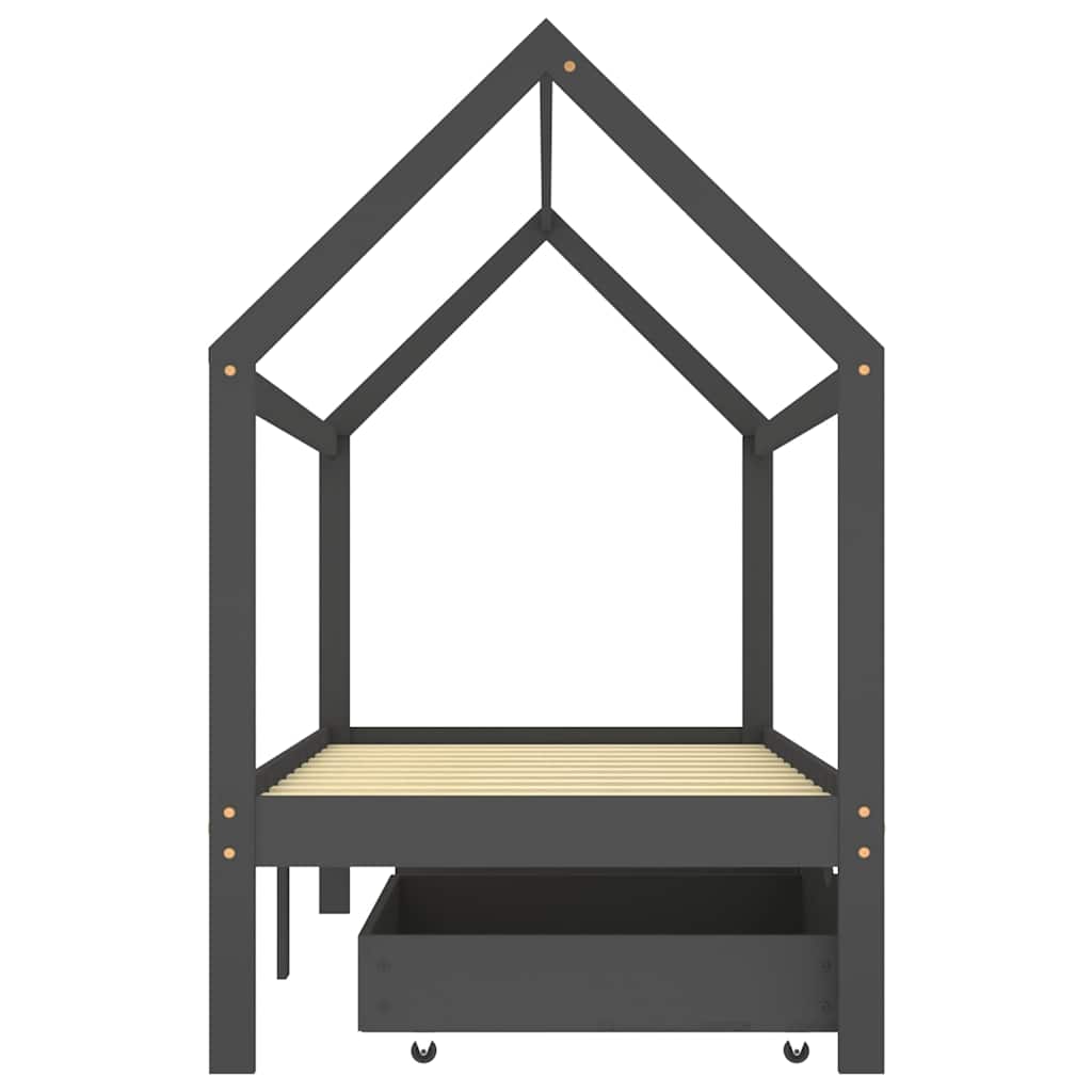 Kids Dark Grey Pine Wood Bed Frame with Drawers 90x200cm