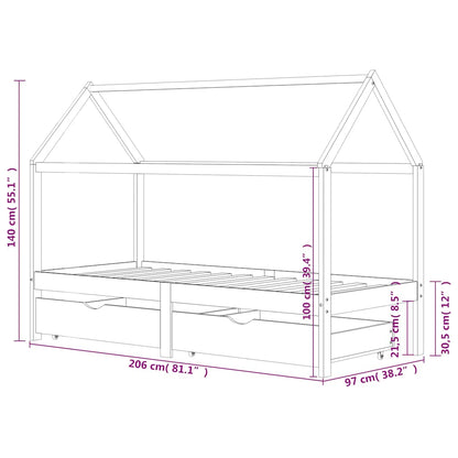 Kids Dark Grey Pine Wood Bed Frame with Drawers 90x200cm