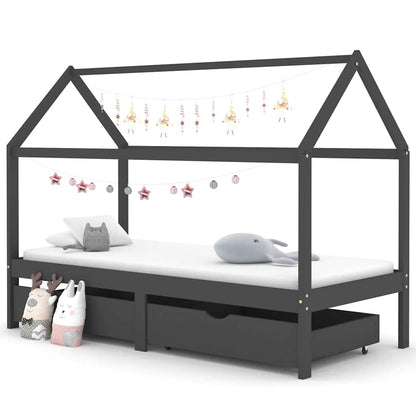 Kids Dark Grey Pine Wood Bed Frame with Drawers 90x200cm