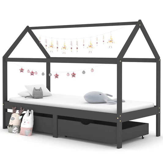 Kids Dark Grey Pine Wood Bed Frame with Drawers 90x200cm