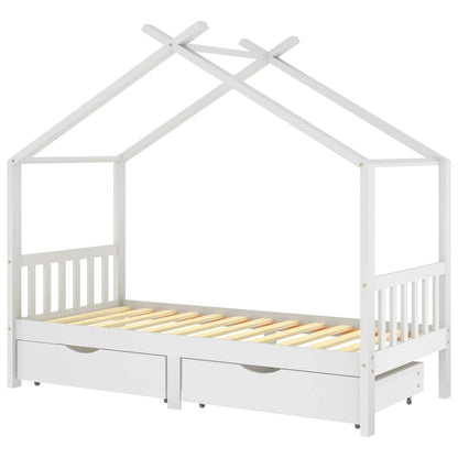 White Pine Wood Kids Bed Frame with Drawers - 90x200 cm