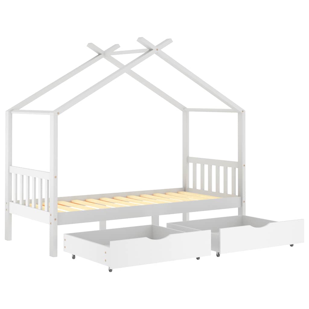 White Pine Wood Kids Bed Frame with Drawers - 90x200 cm
