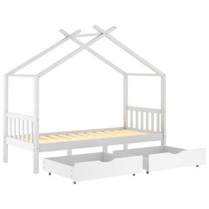 White Pine Wood Kids Bed Frame with Drawers - 90x200 cm