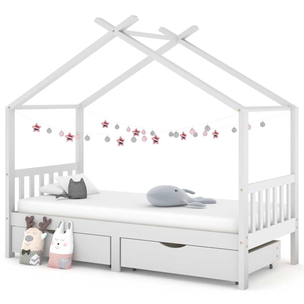 White Pine Wood Kids Bed Frame with Drawers - 90x200 cm