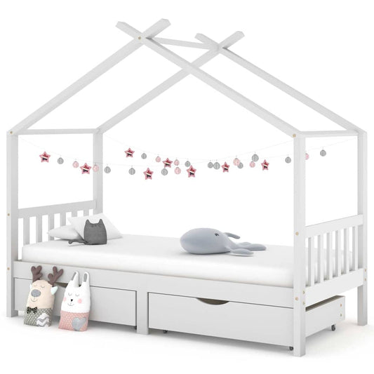 White Pine Wood Kids Bed Frame with Drawers - 90x200 cm