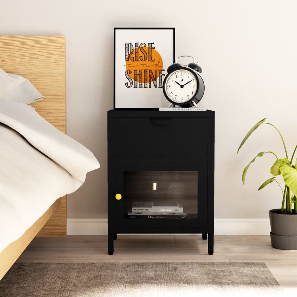 Sleek Black Steel & Glass Nightstand - 40x30x54.5 cm