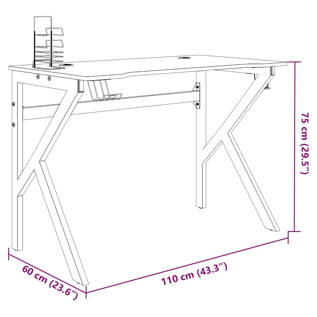 Black Gaming Desk with K-Shape Legs - 110x60x75 cm