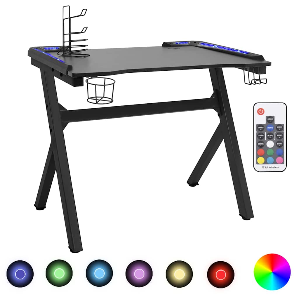 Y-Shape Black Gaming Desk with LED Lights - 90x60x75 cm