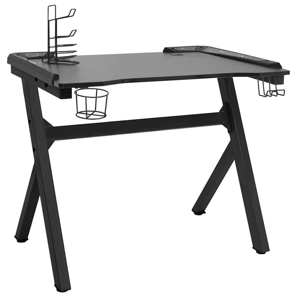 Y-Shape Black Gaming Desk with LED Lights - 90x60x75 cm
