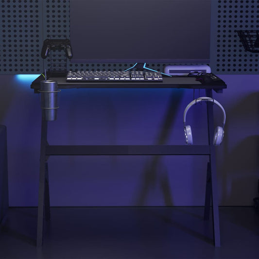 Y-Shape Black Gaming Desk with LED Lights - 90x60x75 cm