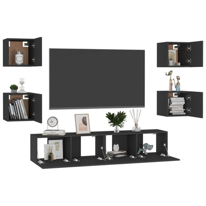 6 Piece TV Cabinet Set Black Engineered Wood
