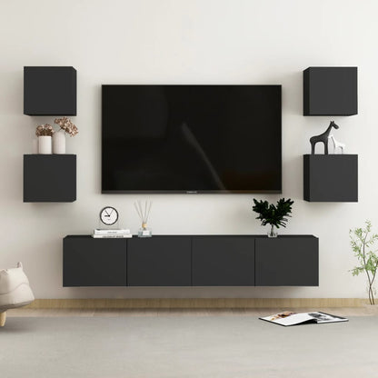 6 Piece TV Cabinet Set Black Engineered Wood