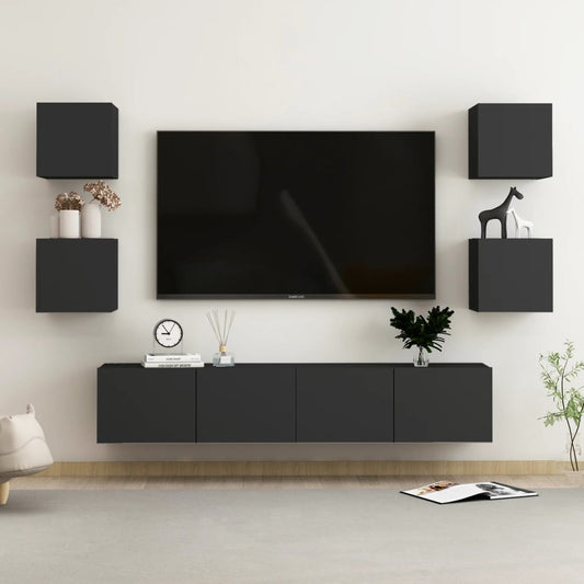 6 Piece TV Cabinet Set Black Engineered Wood