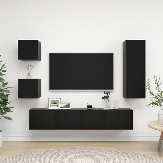 5 Piece TV Cabinet Set Black Engineered Wood