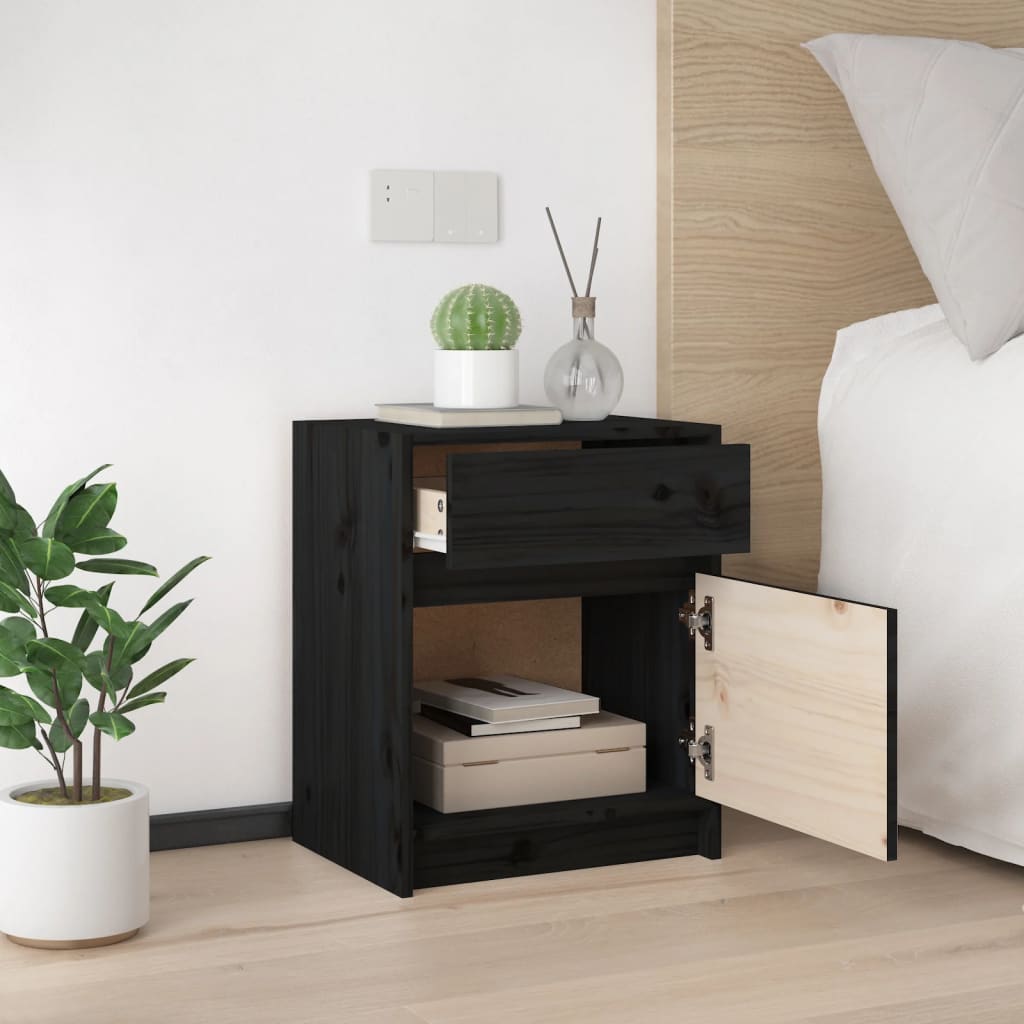 Black Solid Pinewood Bedside Cabinets 2 pcs - 40x31x50 cm