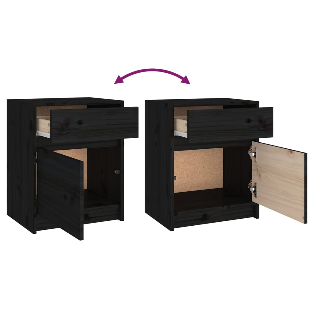 Black Solid Pinewood Bedside Cabinets 2 pcs - 40x31x50 cm