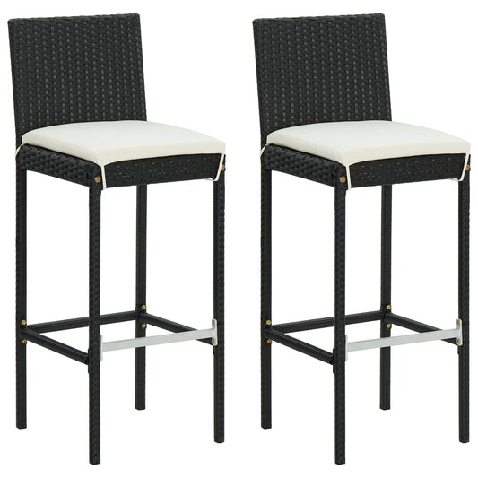 Stylish Black Poly Rattan Garden Bar Stools with Cushions - 2 pcs