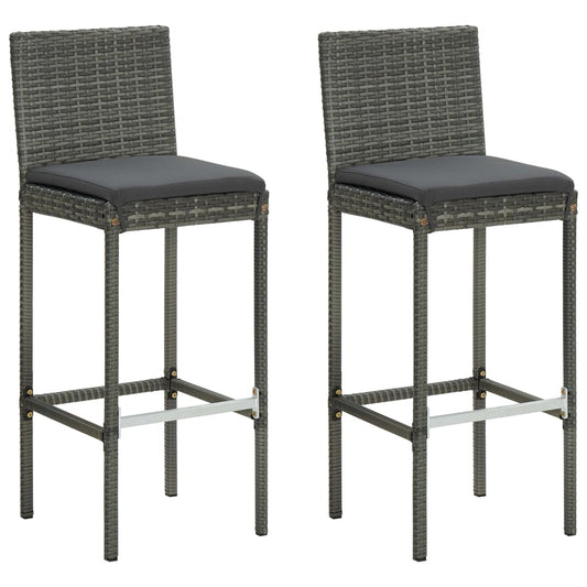 Grey Poly Rattan Garden Bar Stools with Cushions - Set of 2