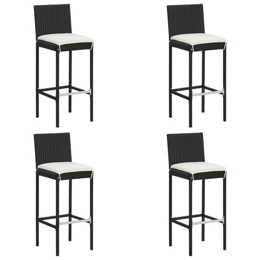 Black Poly Rattan Garden Bar Stools with Cushions, Set of 4