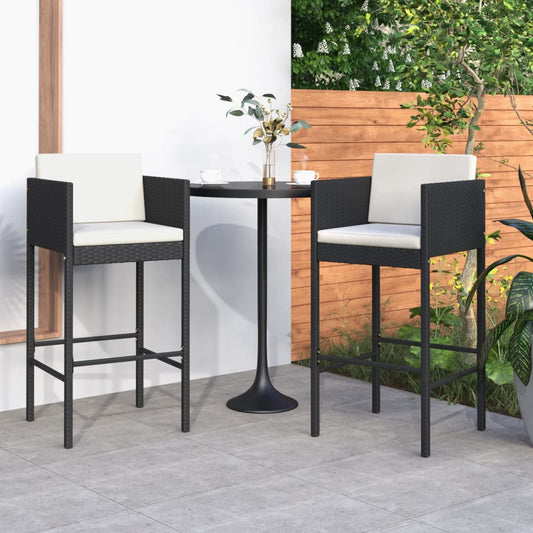 Black Poly Rattan Bar Stools Set of 2 with Cushions