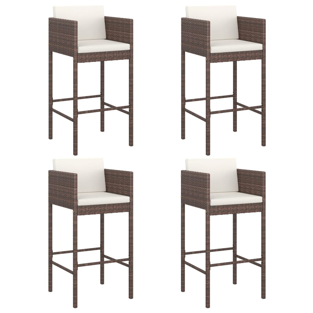 Brown Poly Rattan Bar Stools with Cushions - Set of 4