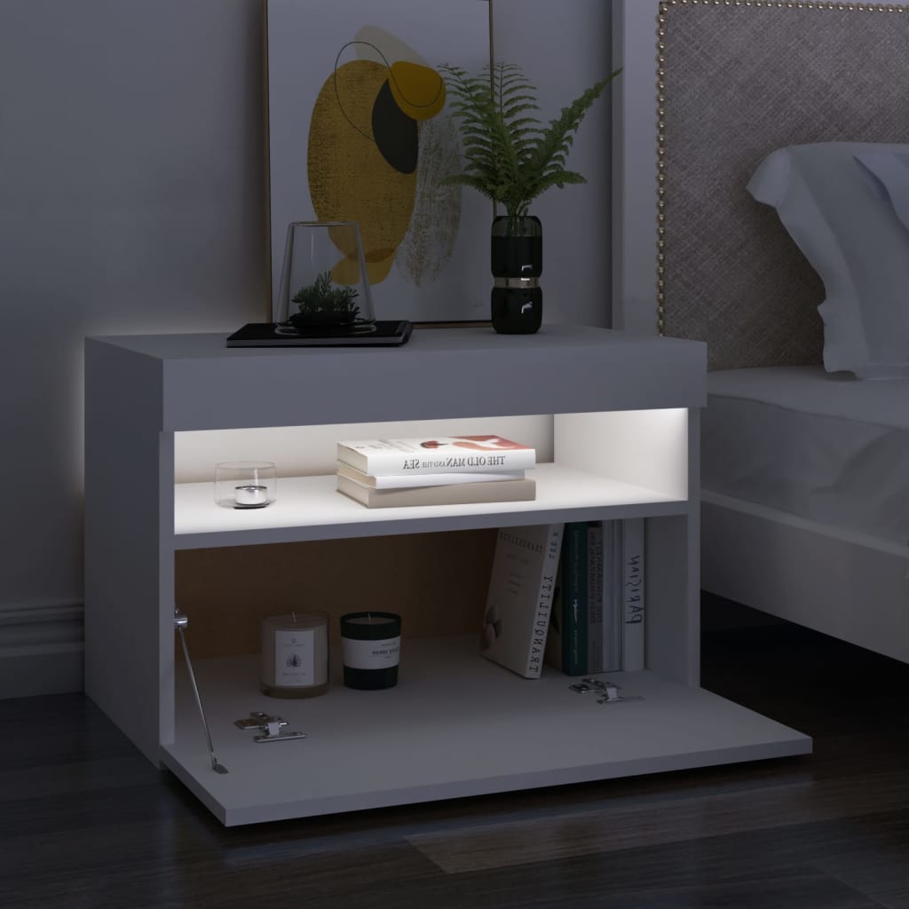 White Engineered Wood Bedside Cabinet with LED Lights 60x35x40 cm