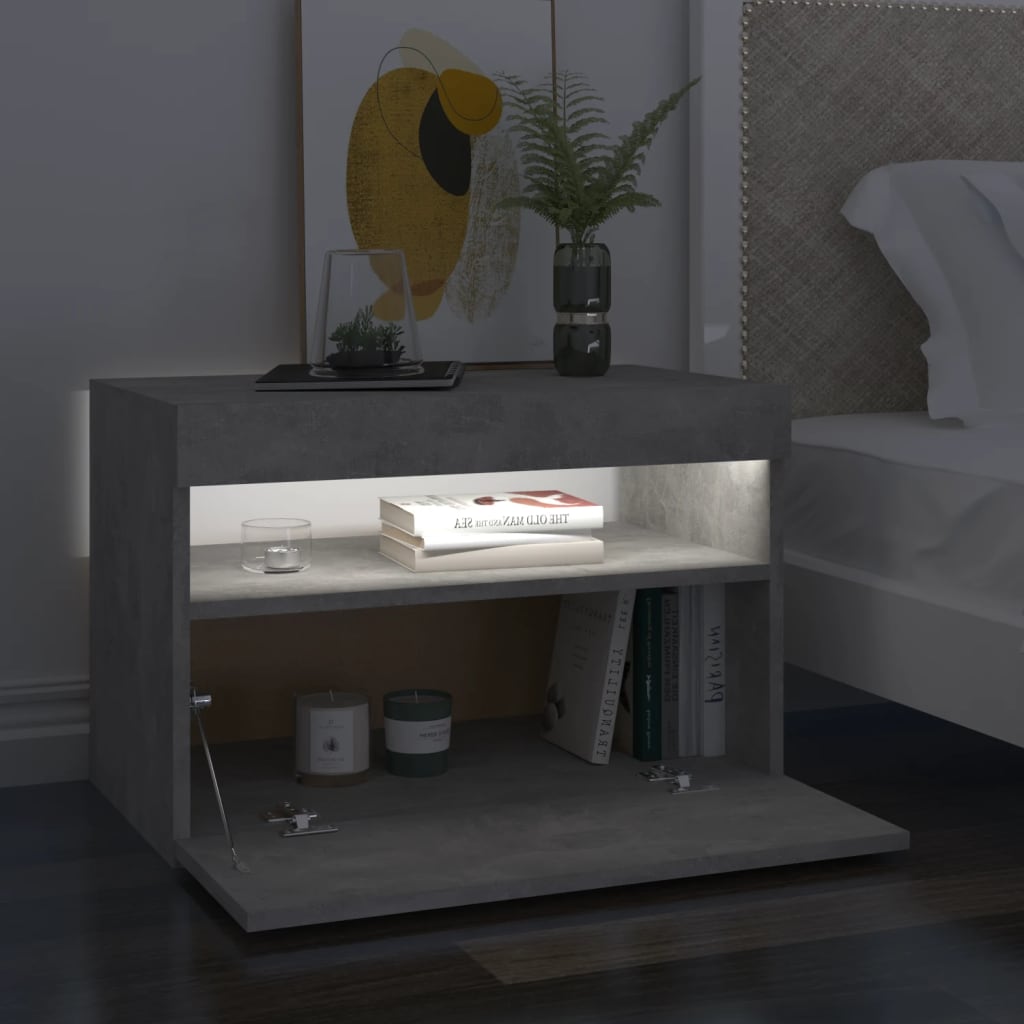 Concrete Grey Bedside Cabinet with LED Lights - 60x35x40 cm
