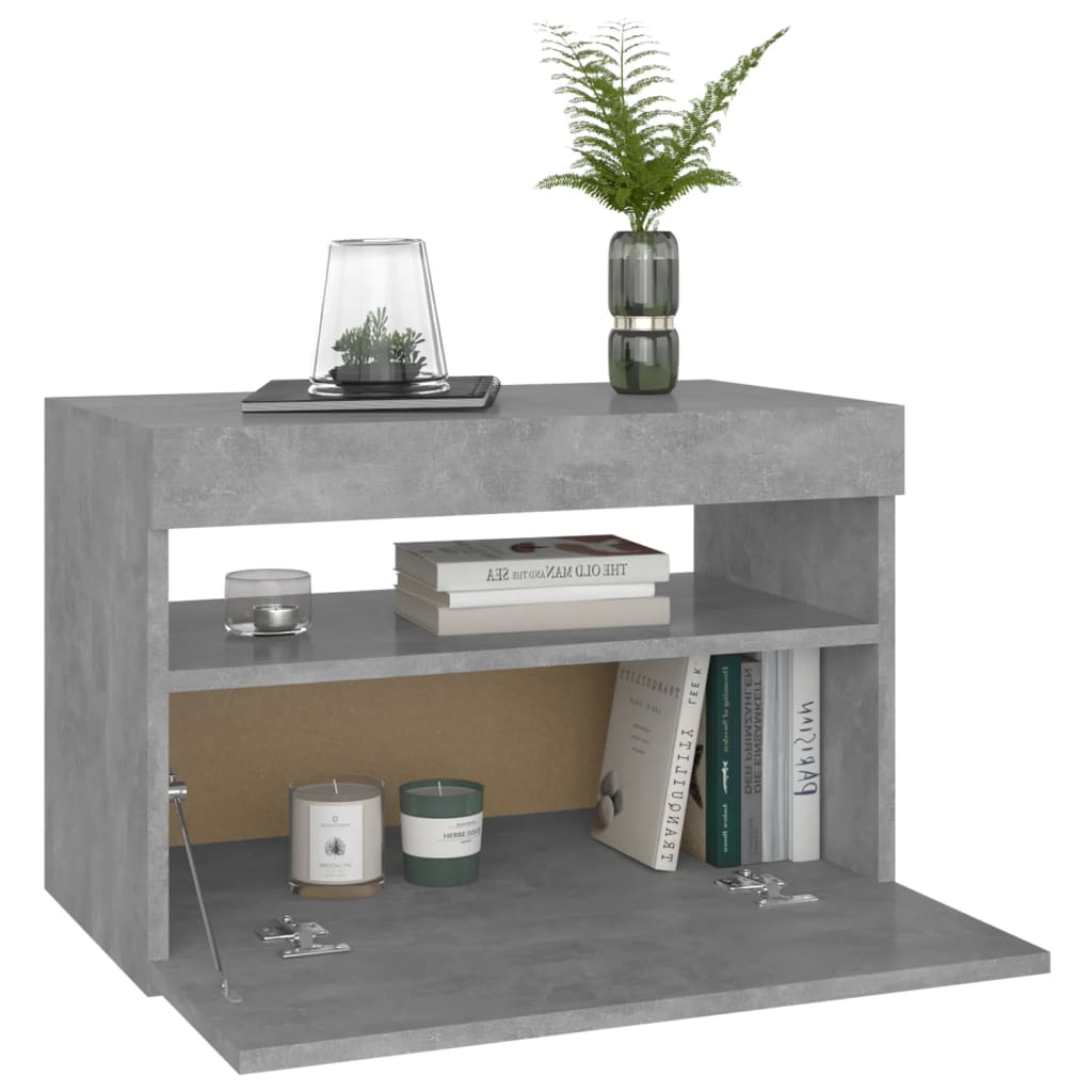Concrete Grey Bedside Cabinet with LED Lights - 60x35x40 cm