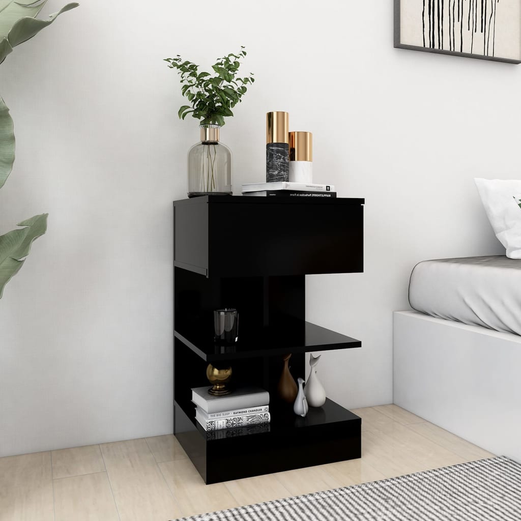Black Engineered Wood Bedside Cabinet 40x35x65cm