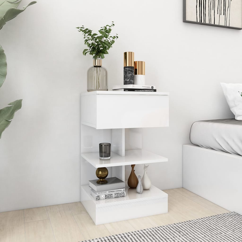 High Gloss White Bedside Cabinet, Engineered Wood, 40x35x65 cm