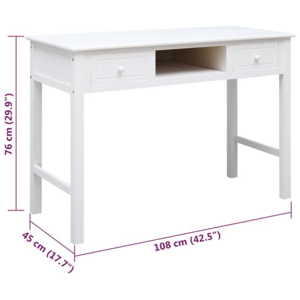 Solid Wood Paulownia Desk White 108x45x76 cm - Elegant & Durable
