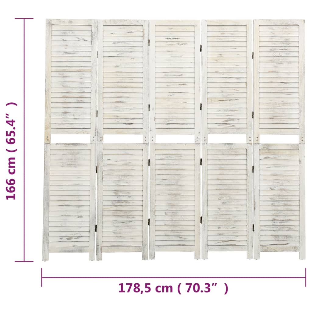 Antique White Solid Wood 5-Panel Room Divider 178.5x166 cm