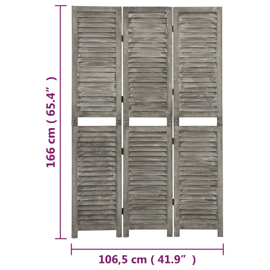Solid Wood 3-Panel Room Divider, Grey 106.5x166 cm