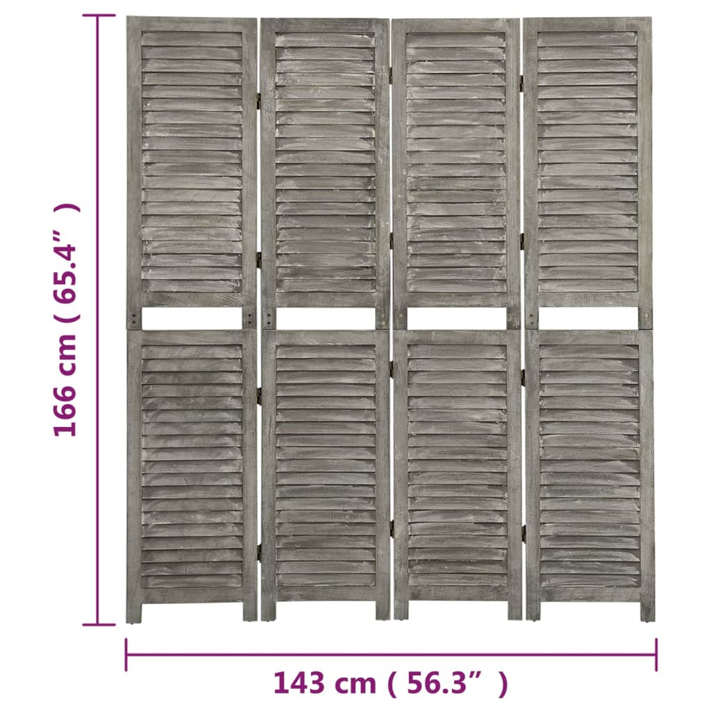 Solid Wood Grey 4-Panel Room Divider, 143x166 cm