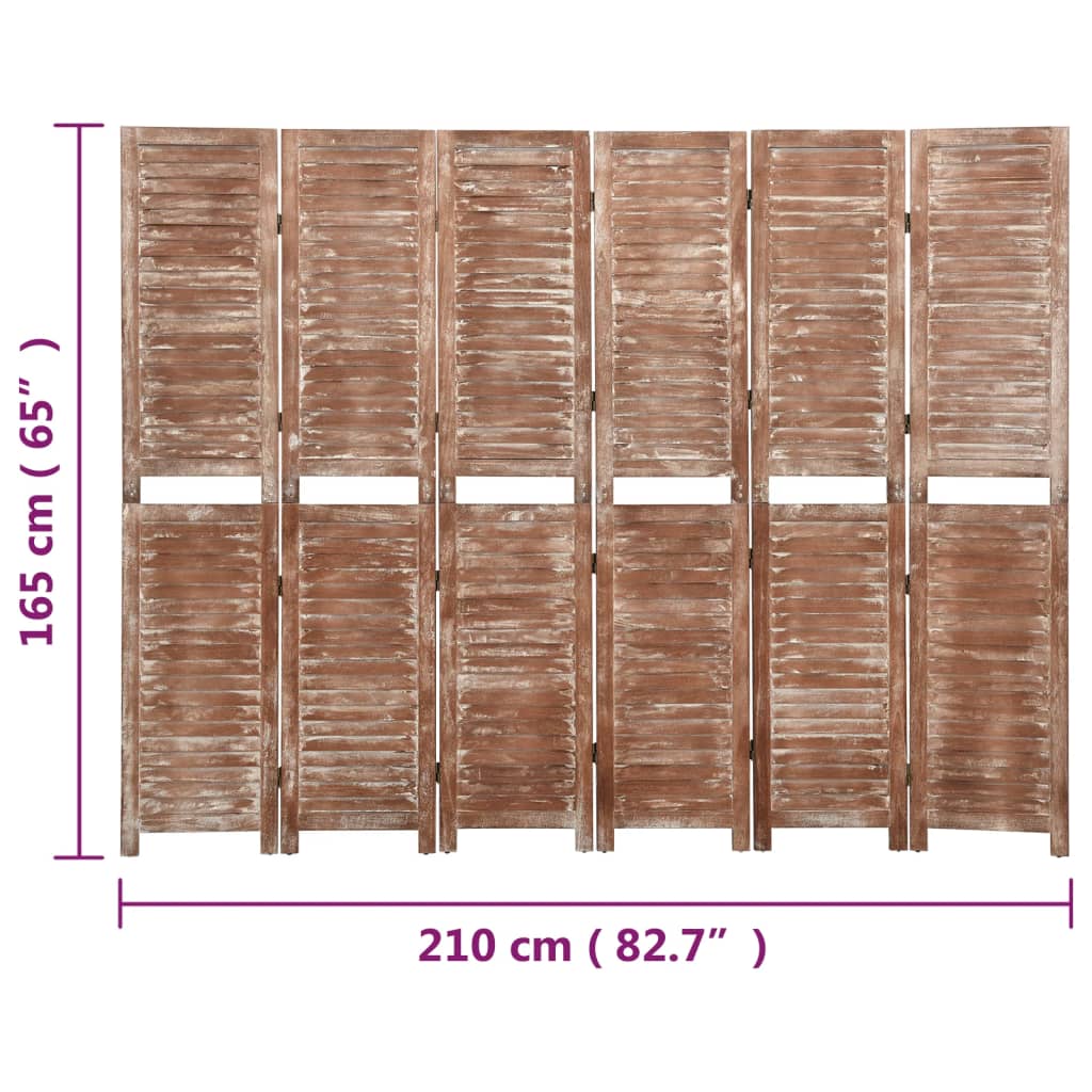 Brown Solid Wood Paulownia 6-Panel Room Divider, 210x165 cm