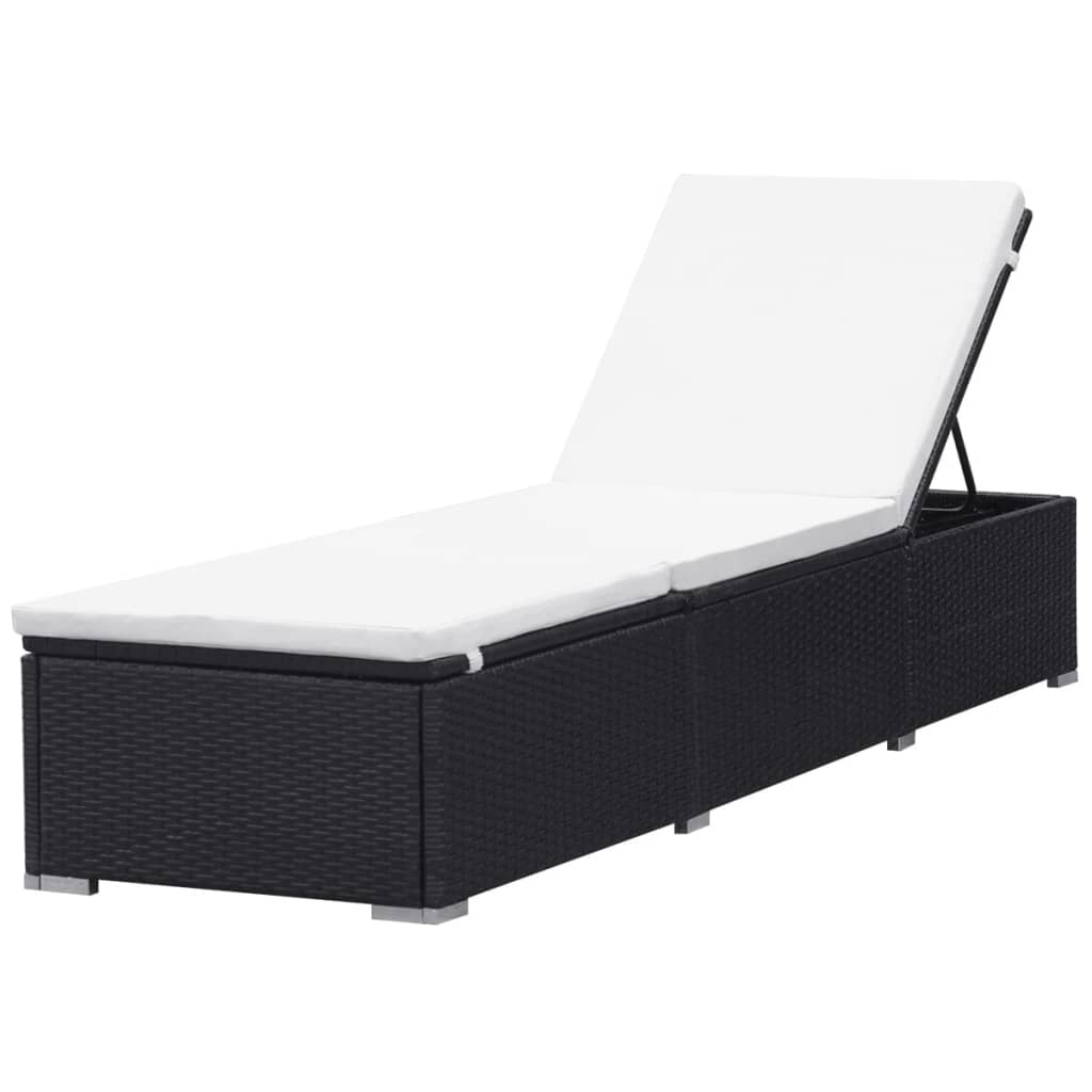 Elegant Black Poly Rattan Sun Lounger with Cream White Cushion
