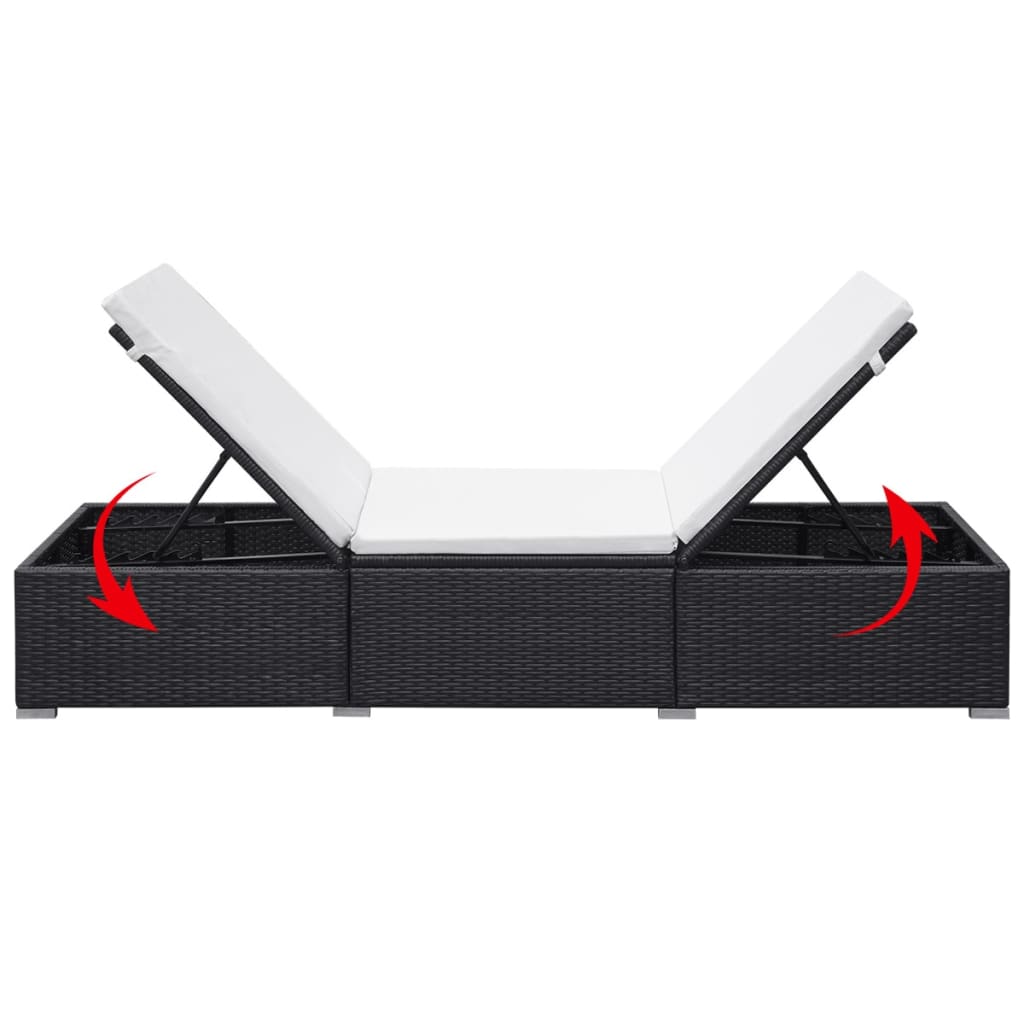 Elegant Black Poly Rattan Sun Lounger with Cream White Cushion