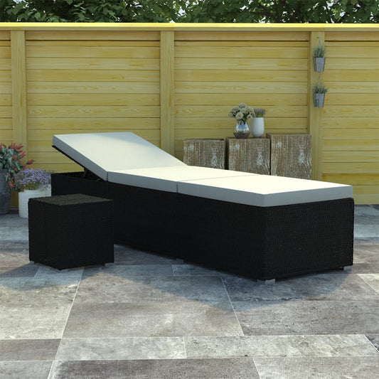 Black Poly Rattan Sun Lounger Set with Cushion & Tea Table