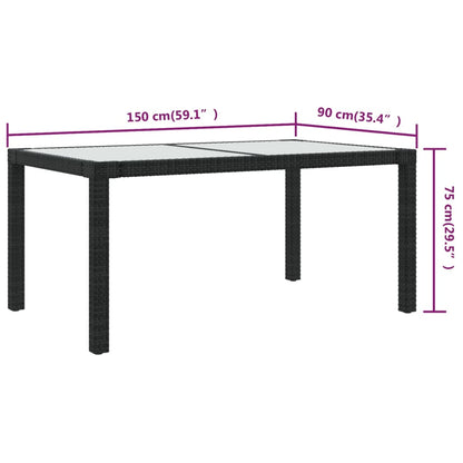 Garden Table 150x90x75 cm Tempered Glass and Poly Rattan Black