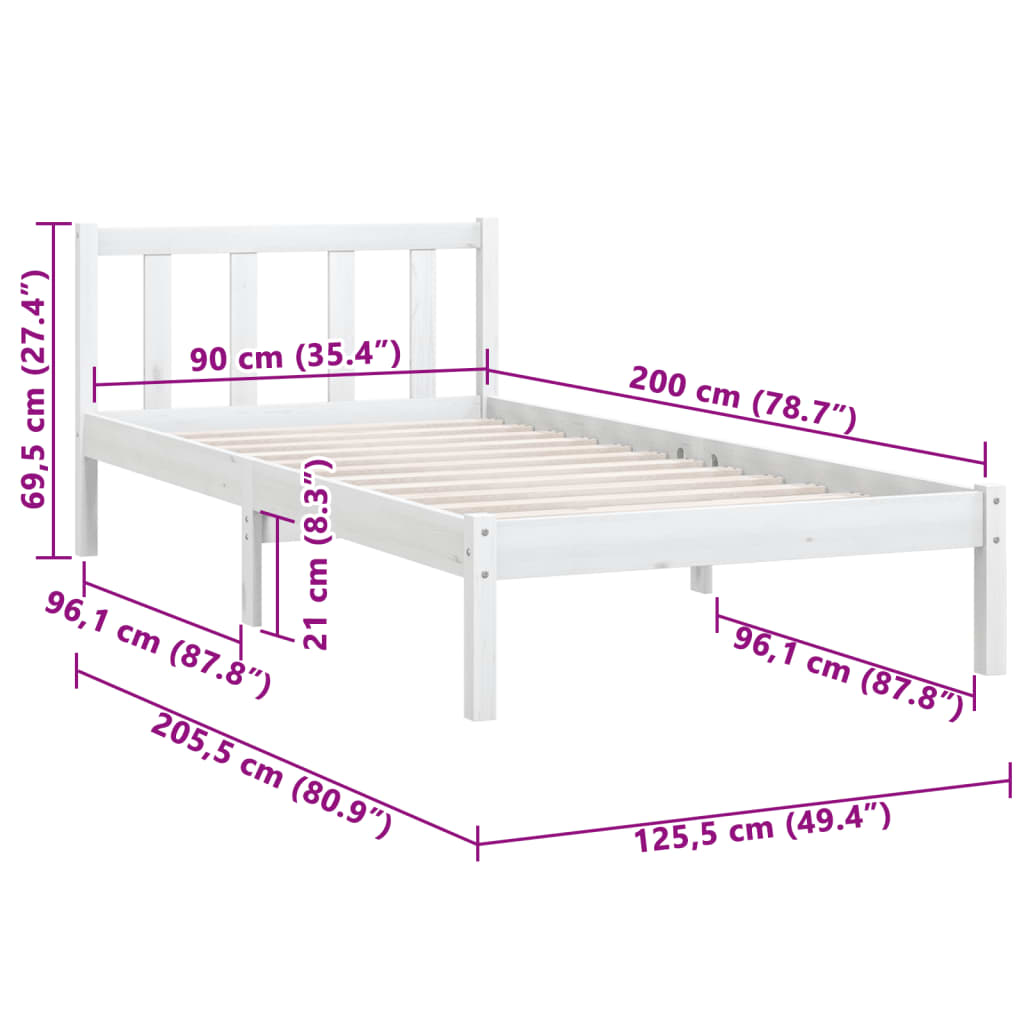 White Solid Wood Bed Frame 90x200 cm - vidaXL 810068