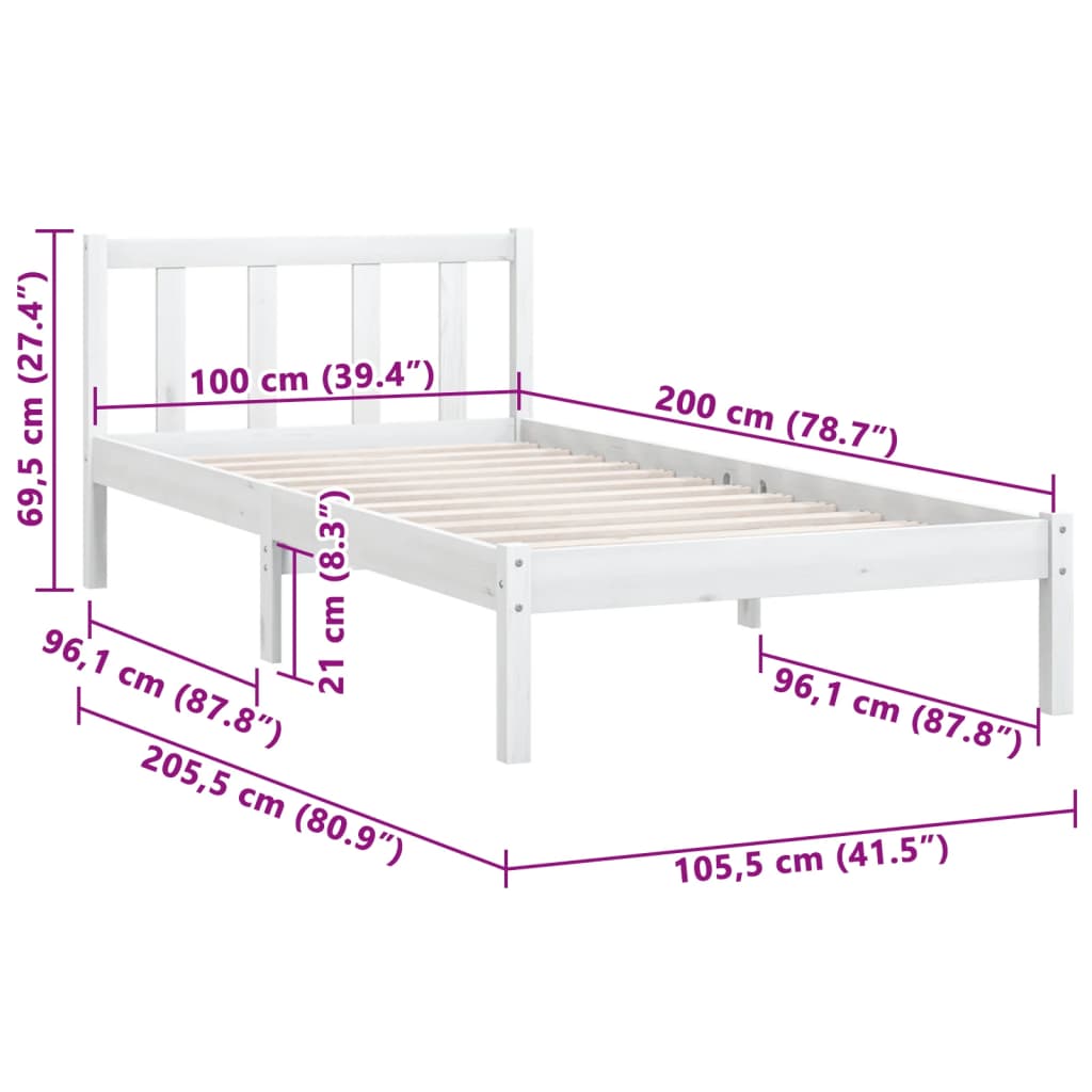 White Solid Wood Bed Frame 100x200 cm - vidaXL 810073