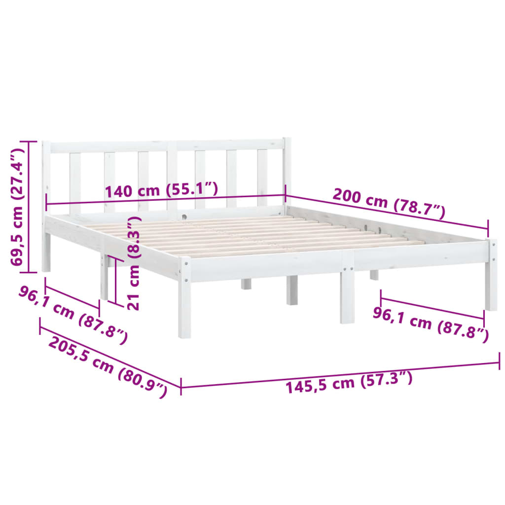 White Solid Wood Bed Frame 140x200 cm - vidaXL 810083 No Mattress