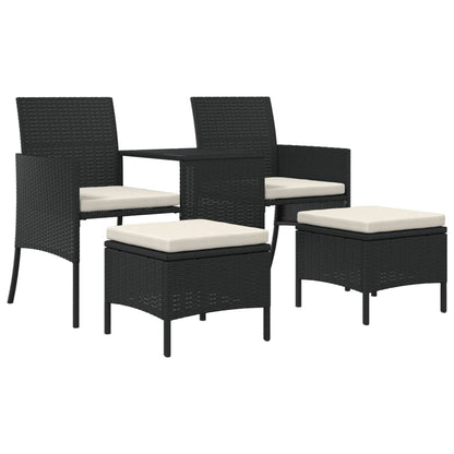 Black Poly Rattan 2-Seater Garden Sofa Set with Table & Stools