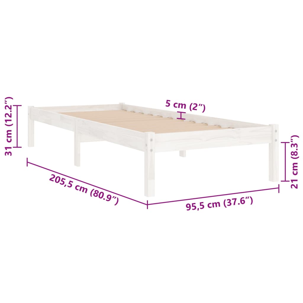 White Solid Wood Bed Frame 90x200 cm - vidaXL 810003 (No Mattress)