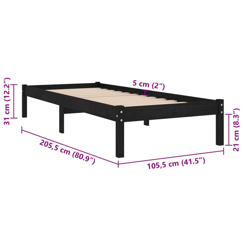 Black Solid Wood Bed Frame 100x200 cm | vidaXL 810011 (No Mattress)