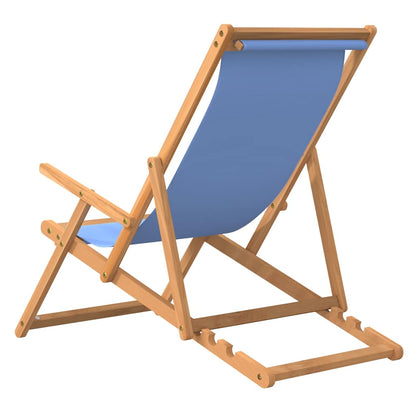 Teak Folding Beach Chair - Solid Wood, Blue Upholstery